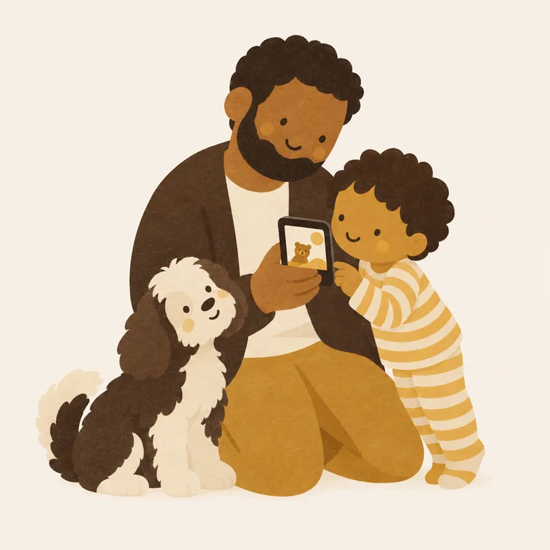 Dad showing a toddler and the dog a picture on his phone