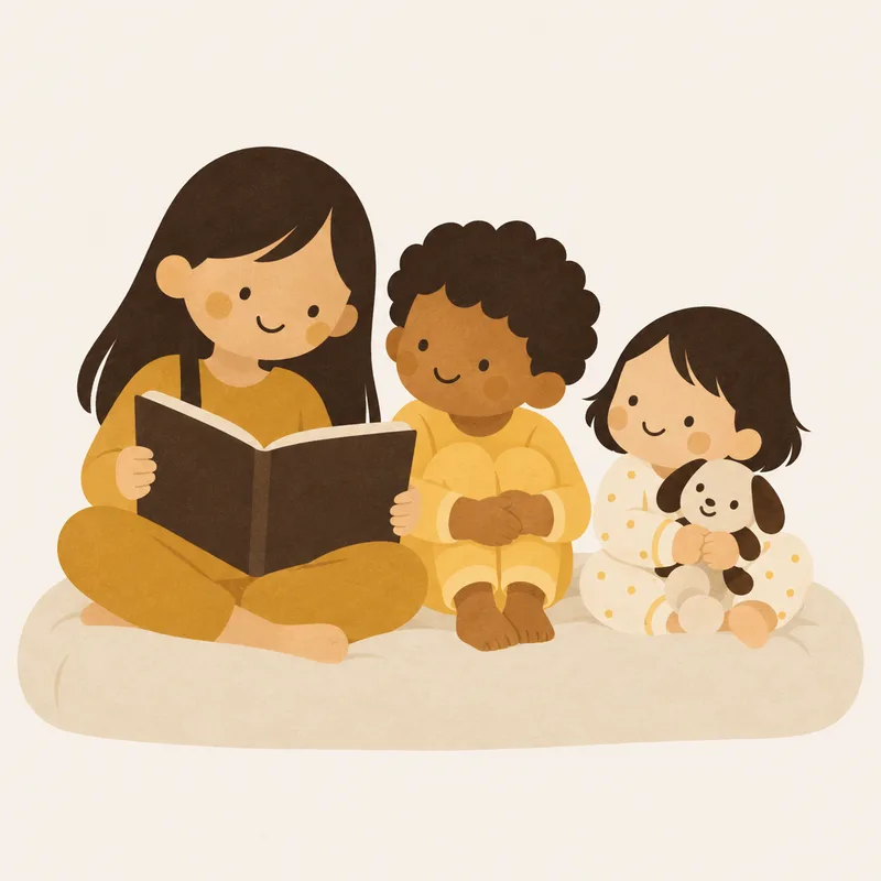 Three children in pyjamas reading together