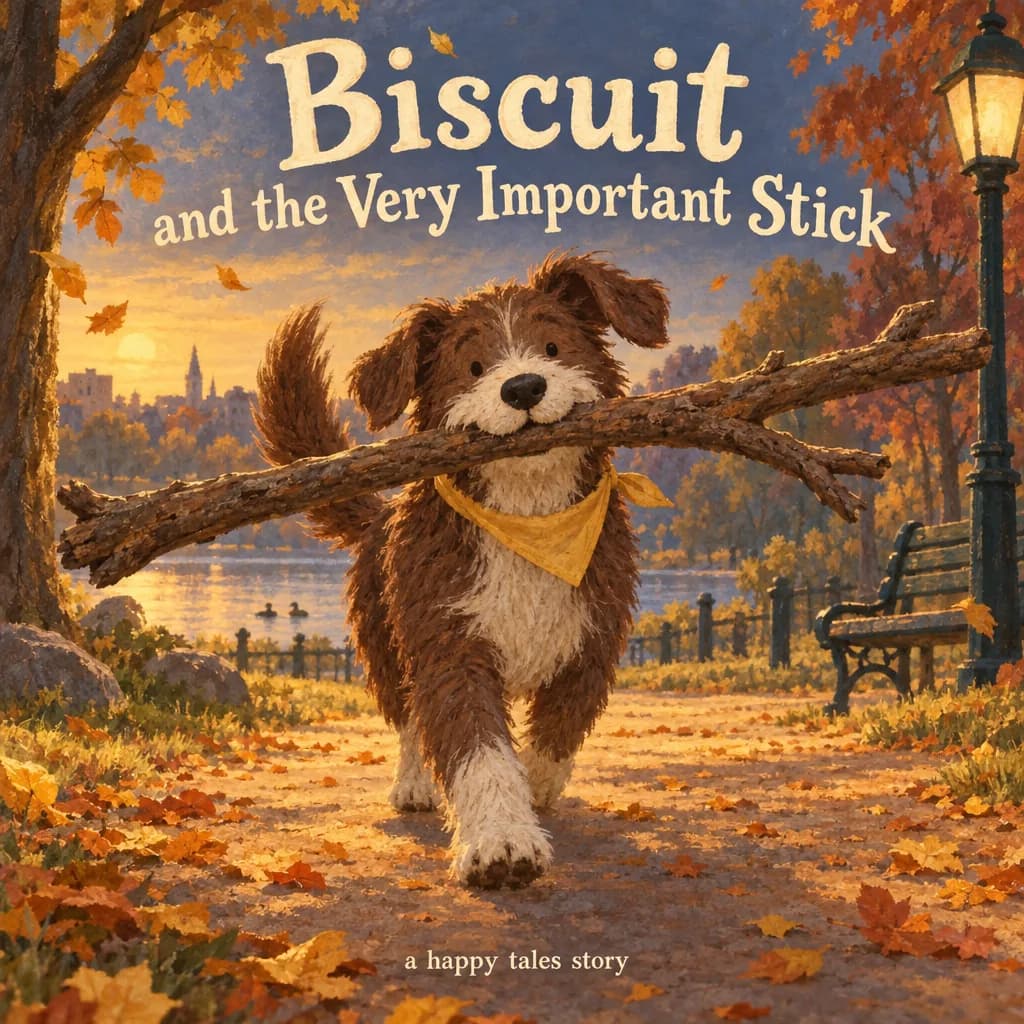 Cover: Biscuit the dog carrying an enormous stick through an autumn park