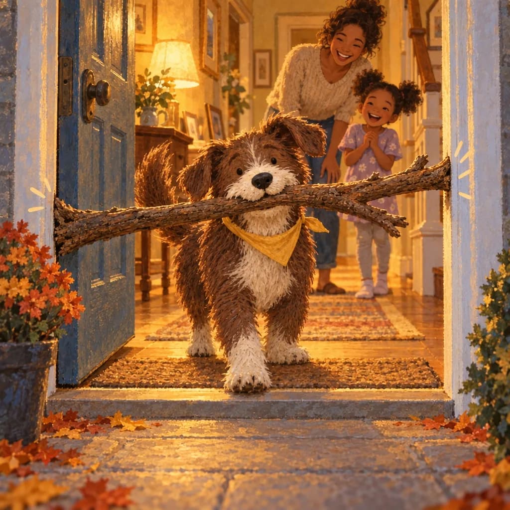 Biscuit trying to fit the stick through the front door while his family laughs