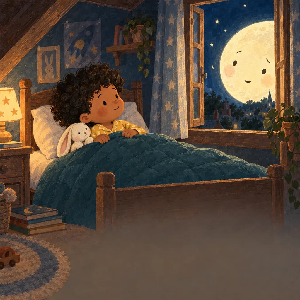 Milo in bed while the moon peeks in through the window