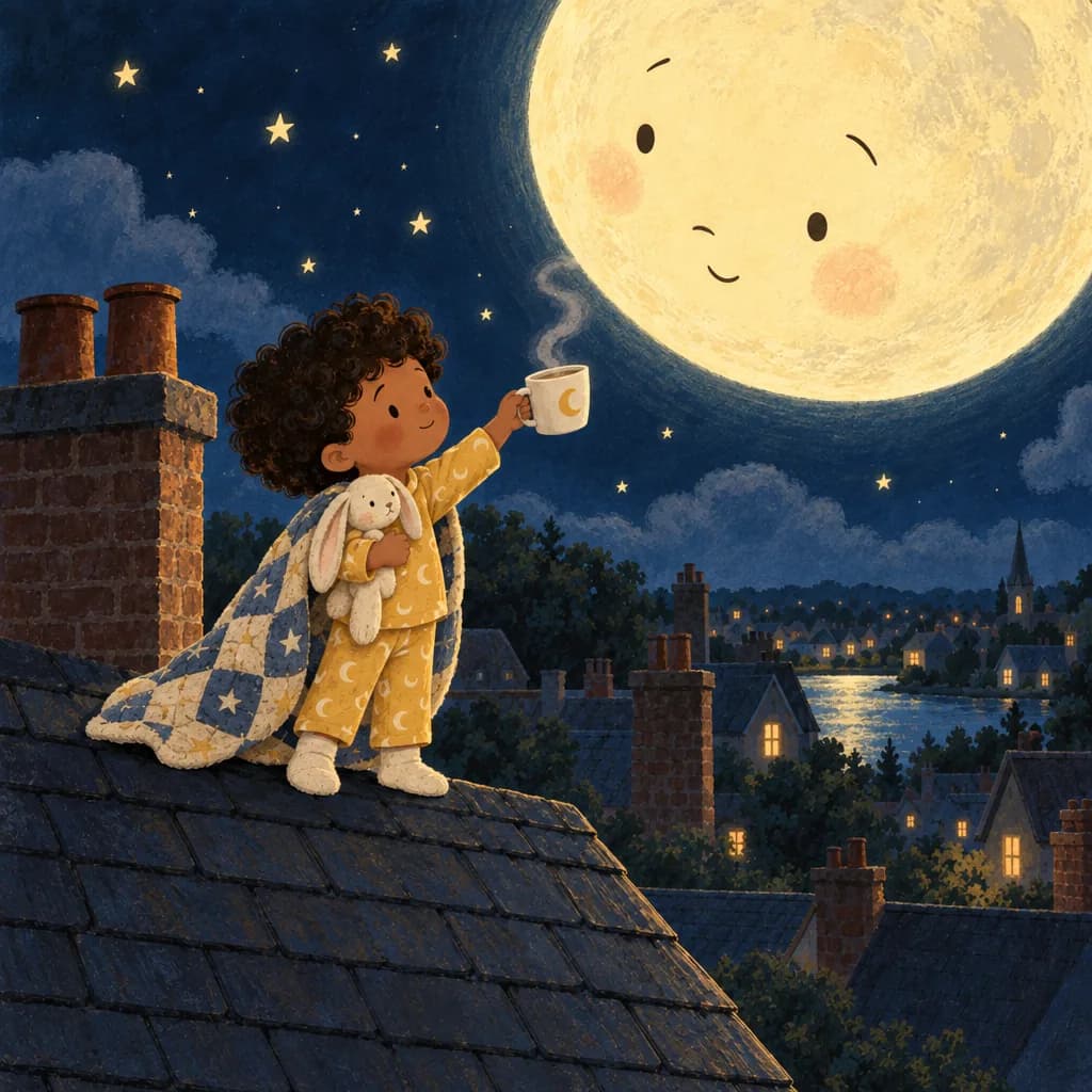 Milo on the roof handing a mug of warm milk up to the moon