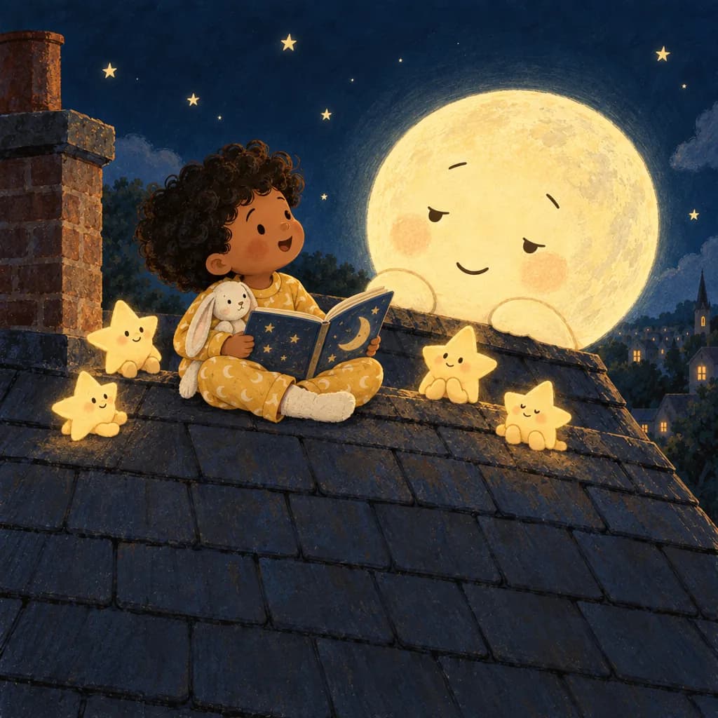 Milo reading a book to the moon while small stars listen