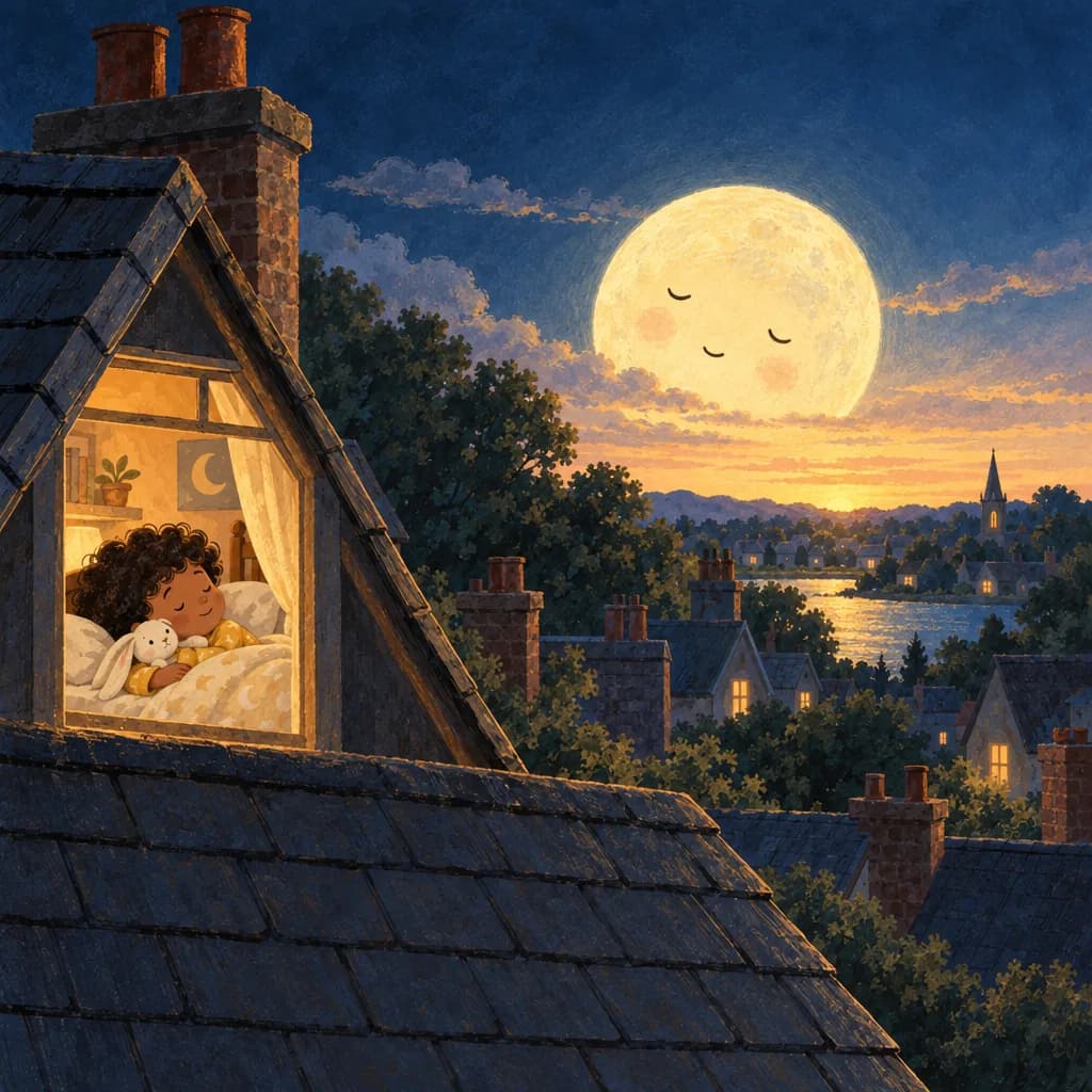 The moon asleep over the rooftops while Milo sleeps in his attic bed